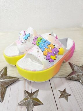 Crocs x Care Bears stomp slide platform sandals rainbow women's Size 7 new NWT